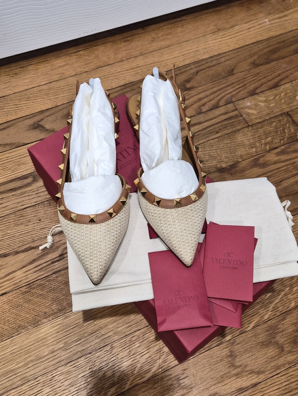 Valentino Garavani Rockstud Raffia Slingback Flats Nude Tan Leather NIB Sz 36 - Picture 15 of 16